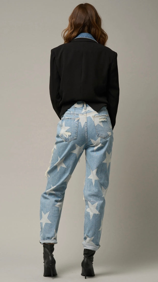 High Rise Ripped Star Print Slouch Jeans