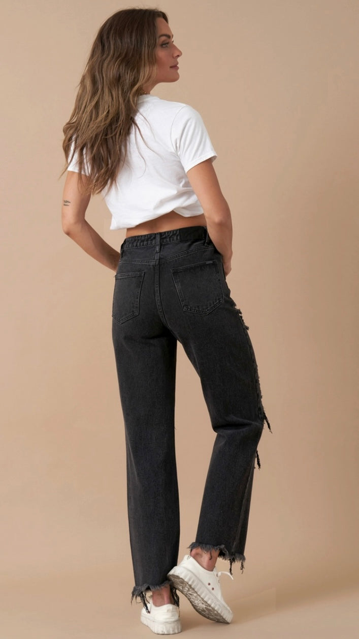 Flipped Waistband Straight Distressed Jeans