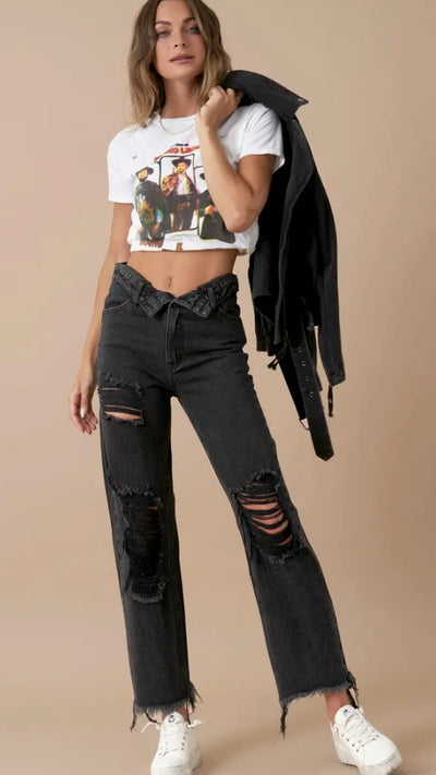 Flipped Waistband Straight Distressed Jeans