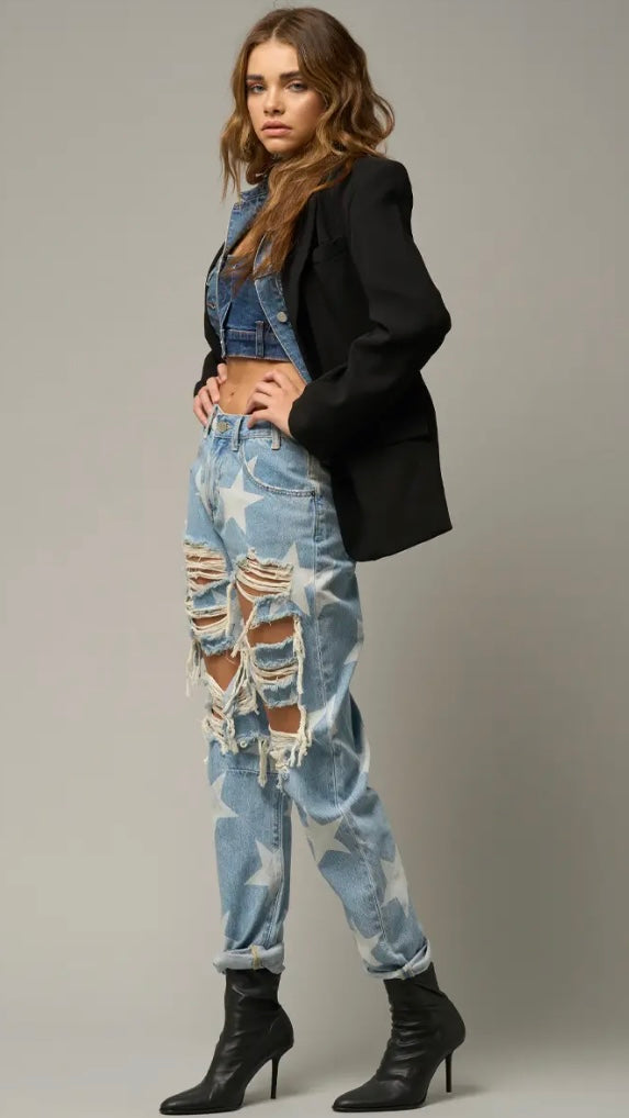 High Rise Ripped Star Print Slouch Jeans