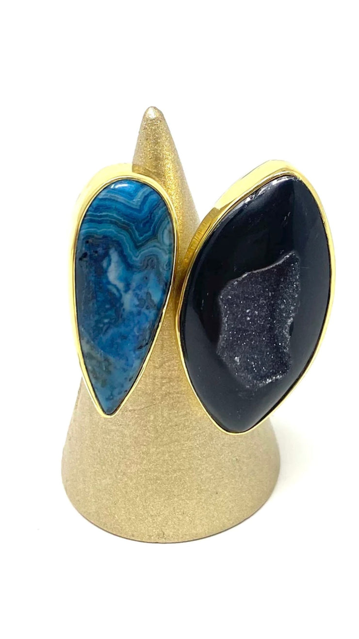 Double Stone Ring - Black Druzy & Blue Crazy Lace Agate