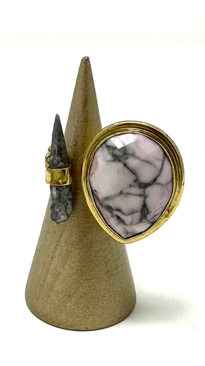 Silver Crystal Point & Pink Seabed Jasper Ring