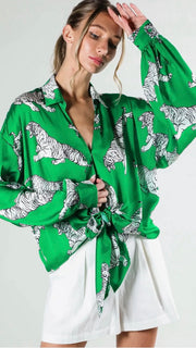 Long Puff Sleeve Tie Front Tiger Printed Satin Top - FINAL SALE