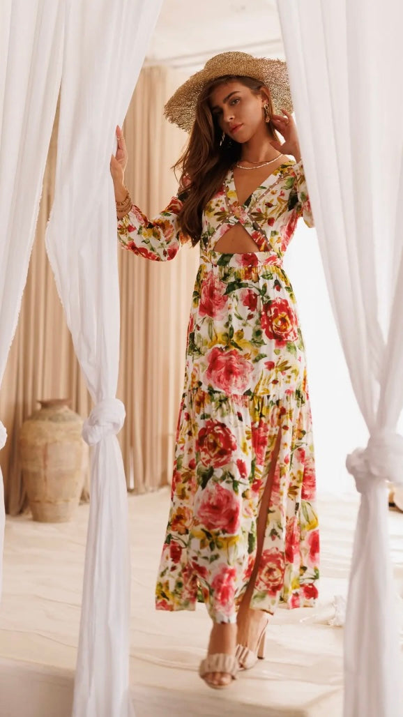 Chest Cross Pearl Point Tiered Maxi Dress - FINAL SALE