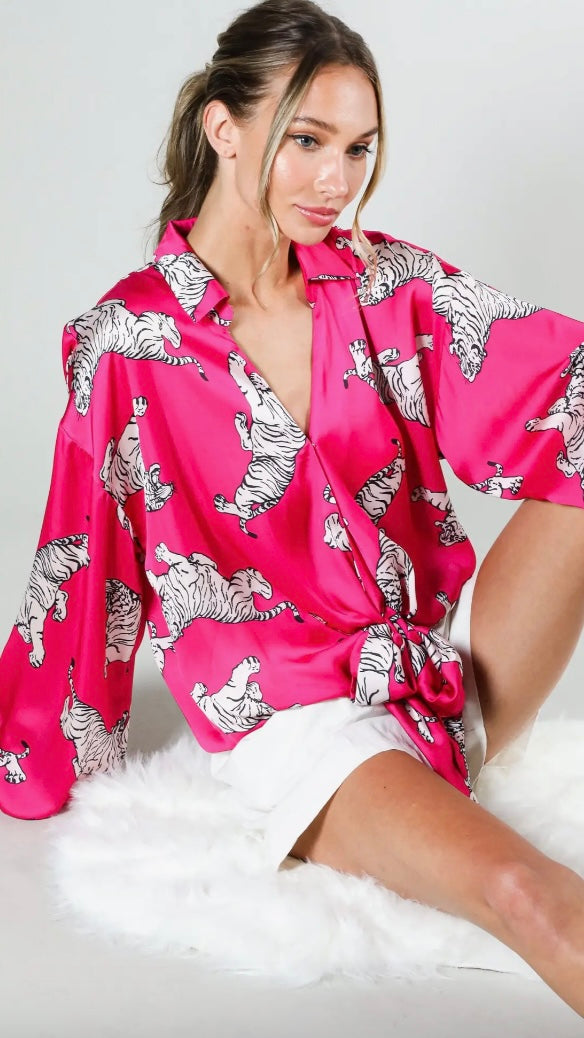 Long Puff Sleeve Tie Front Tiger Printed Satin Top