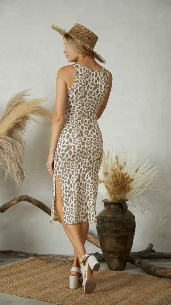 Leopard Rib Side Slit Dress